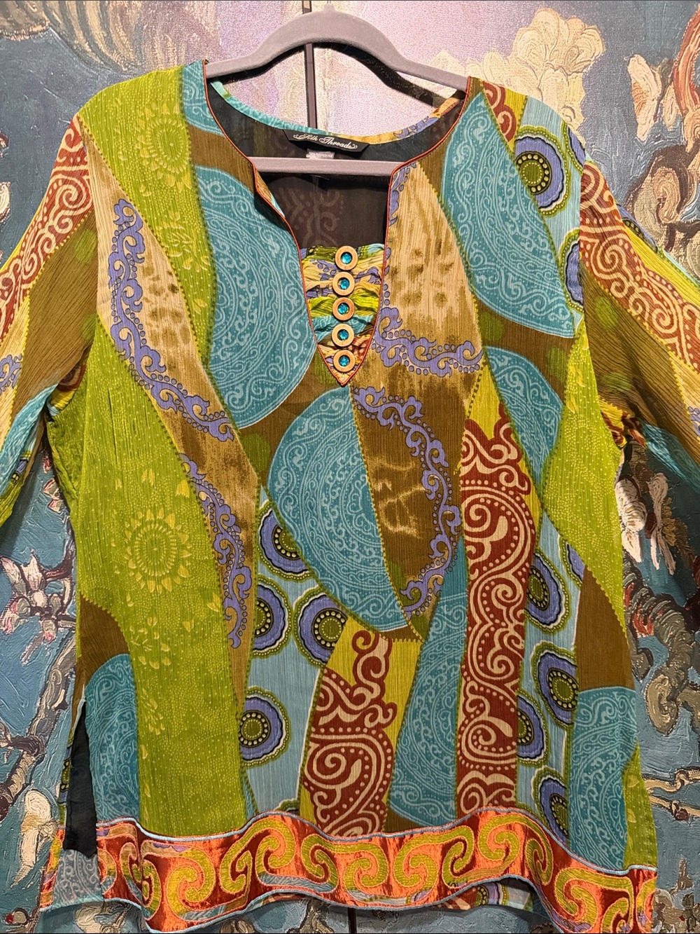 Colorful Patchwork Boho Tunic Top - Green & Blue